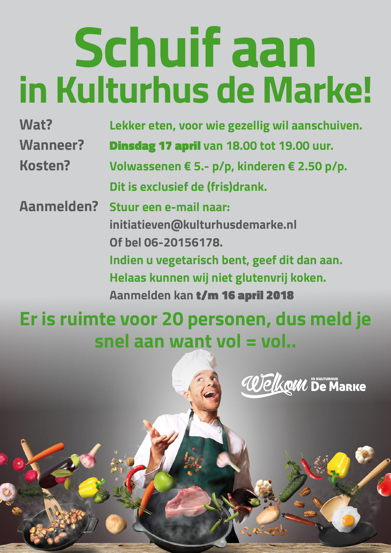 Geen zin om te koken? Op dinsdag 17 april is er weer een 'Aanschuiven in Kulturhus de Marke'. 